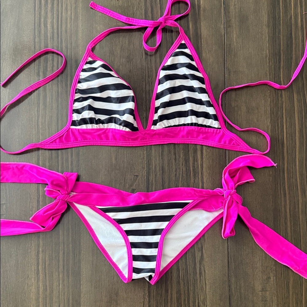 DAISY BEACHWEAR Neon Pink & Black-White Striped Tie-Side Bikini - Size M